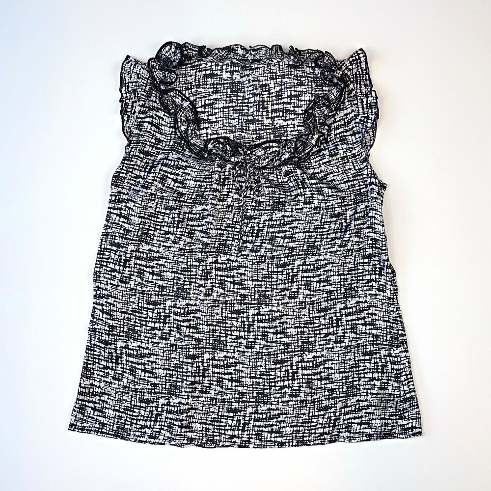 Women's Black & White Abstract Print Ruffle Neck Sleeveless Blouse Size M - Picture 2 of 6